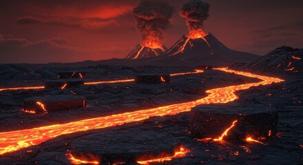Fiery landscape featuring erupting volcanoes and a molten river flowing across volcanic terrain