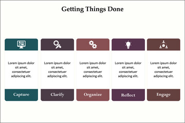 Five Aspects of Getting Things done - capture, clarify, Organize, Reflect, Engage. Infographic template with icons and description placeholder