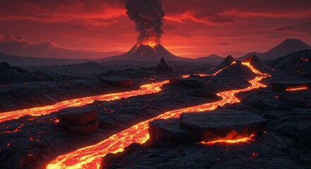 Dramatic volcanic eruption and molten lava flows cascading across a barren landscape
