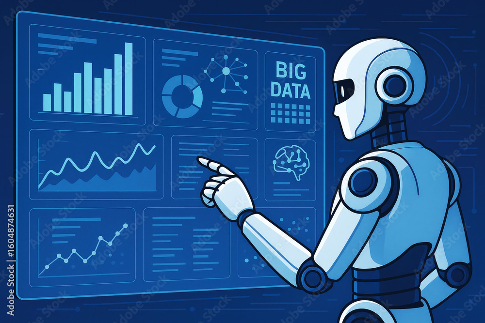 Poster robot analyzing big data charts and graphs artificial intelligence analytics