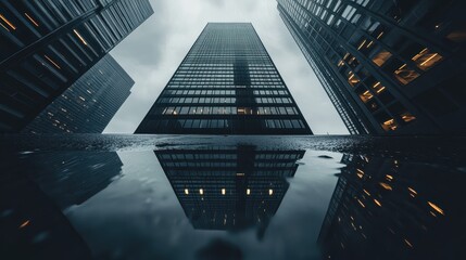 A tall building with a reflection of it