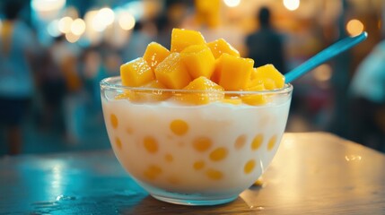 Vibrant Sago dessert, clear bowl cup, coconut milk base, colorful jelly pearls pink green yellow, fresh fruit, street food stall counter, Asian trendy treat, tapioca