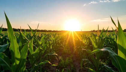 Lush corn field at sunset