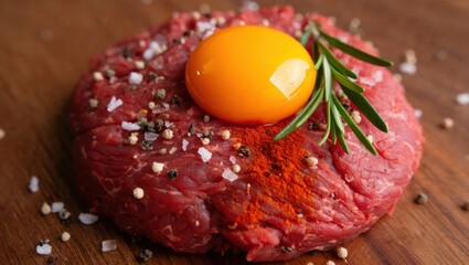 Raw beef tartare with egg yolk and rosemary garnish