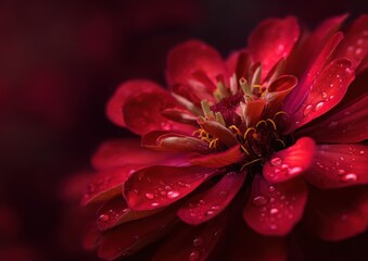 Close-up of a vibrant crimson flower with dew drops.