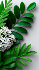 Green Leaves and White Flowers on Grey Surface