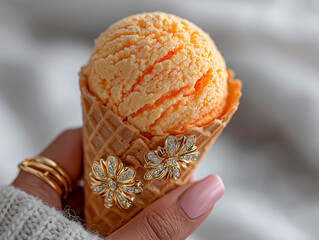 Hand Holding Orange Ice Cream Cone with Jewelry