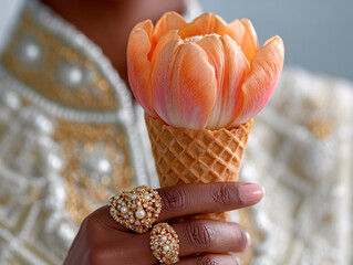 Hand Holding Tulip in Waffle Cone with Jewelry