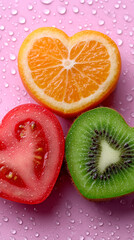 Heart-Shaped Fruit Slices on Pink Background with Water Droplets