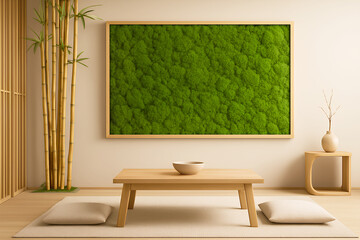 Modern interior in Japanese Zen style: moss on the wall combined with bamboo and minimalist furniture