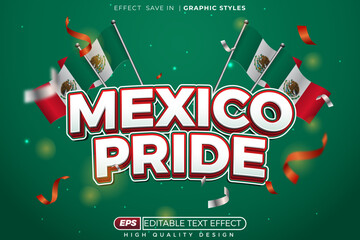 Editable 3d vector text effect mexico pride with flag and confetti in green background