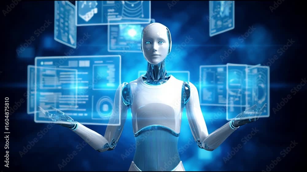 Poster Poised humanoid robot representing future of artificial intelligence technology, interacting with glowing virtual hologram screen and presenting data on digital interface