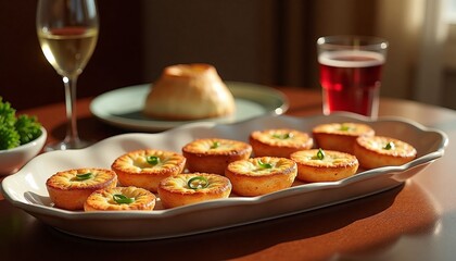 savory mini quiches with green peppers on serving platter with drinks copy space
