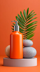 Orange Bottle with Pump and Stones Still Life