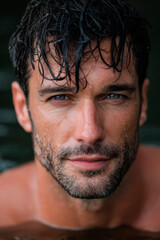 Fototapeta premium Man's Face and Upper Torso with Wet Hair