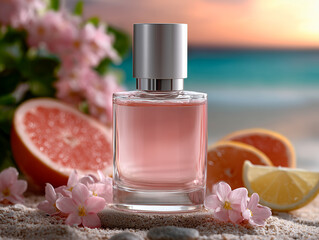 Perfume Bottle with Citrus and Flowers on Beach