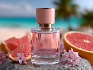 Perfume Bottle with Grapefruit and Flowers on Rock, Beach Background