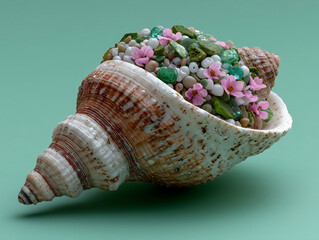 Seashell with Rocks, Glass, and Flowers
