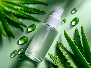Spray Bottle with Aloe Vera Leaves and Water Droplets