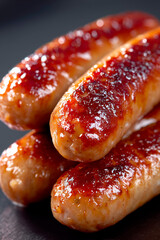 Three Cooked Sausages Stacked Close-Up