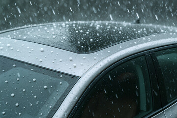Hail hits car roof, close-up