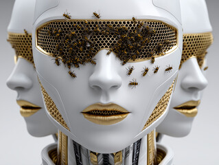 Three Robotic Heads with Bees on Central Face