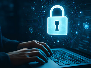 A high-resolution horizontal photograph of a person working on a laptop with a holographic lock icon floating above the keyboard