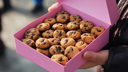 Open pastel pink box, mini chocolate chip cookies, handmade, vanilla flavor, trendy street food dessert, USA, trendy packaging, bite-sized treats, menu, café, banner, shop, ad, crumble, close-up