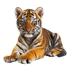 Adorable tiger cub, lying down, looking directly at viewer