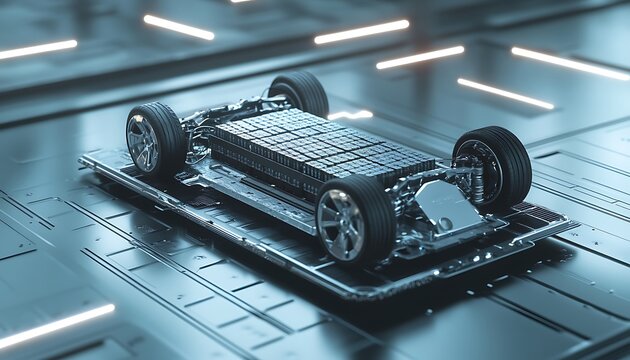 Electric Car Chassis with Battery Pack and Wheels on Industrial Floor Setting