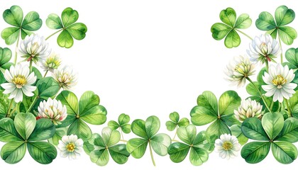 Watercolor clover and white flower border