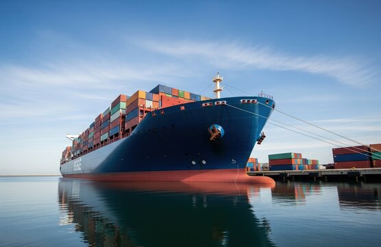 Large freight ship dominates tranquil seaport scene with subtle clouds and minimal container stack