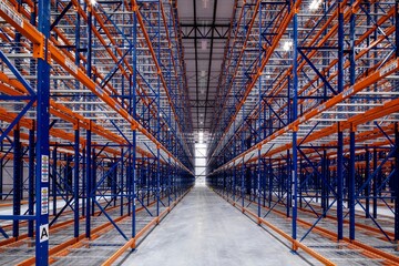 Interior of modern warehouse with empty racking system design for cold storage