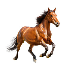 Obraz premium A brown horse in motion against a black background. Detailed digital art
