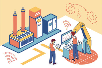 Isometric view of a factory with workers operating machinery and monitoring data on a screen display