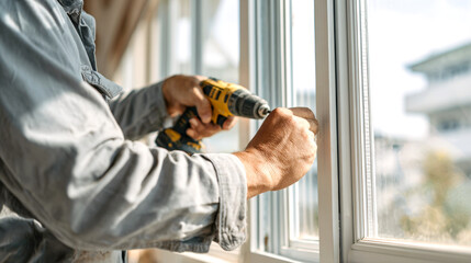 Close-up of a worker's hands expertly using a cordless drill to install or repair a window frame, highlighting home improvement, construction, and professional craftsmanship in natural light