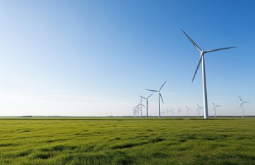 Bright wide field with multiple wind turbines and grass blades under calm sky and full sunlight
