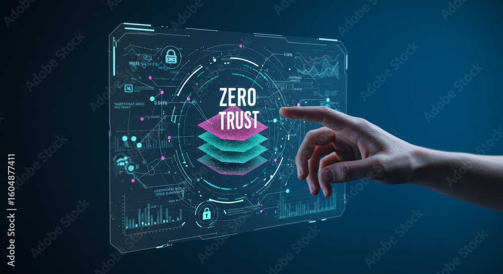 Poster zero trust security strategy - hand interacting with a futuristic interface displaying the concept o