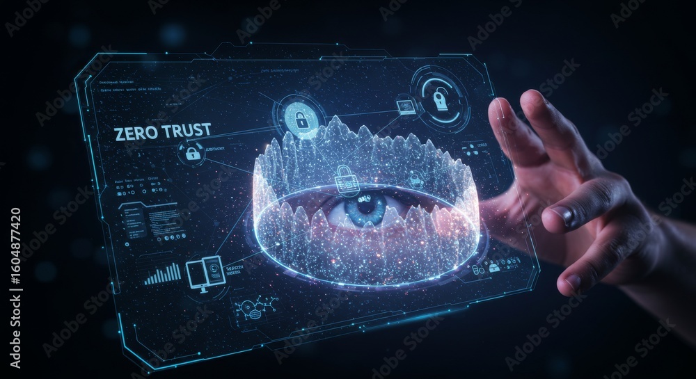Poster zero trust security system - a futuristic depicting a zero trust security system interface, showcasi