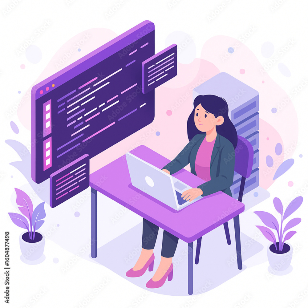 Poster dynamic woman coding and developing applications with laptop in modern office workspace