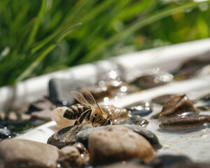 A Honeybee pauses on smooth pebbles in a shallow pool of water, wings spread, seeking refreshment...