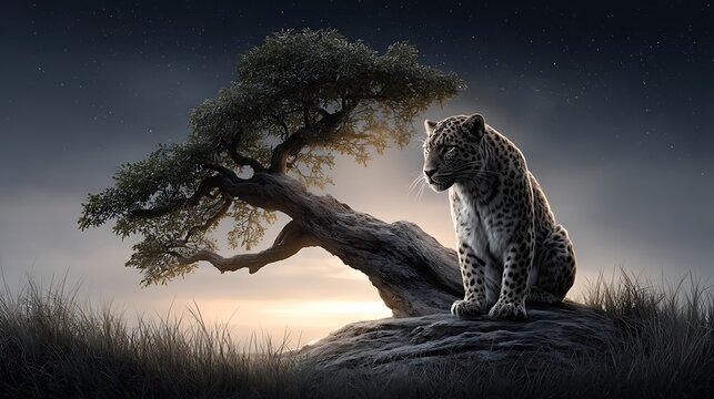 A leopard climbing a twisted tree under a sky filled with stars, its lithe body forming a graceful silhouette.