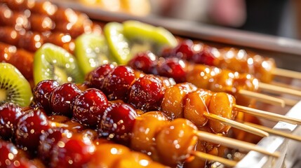 Tanghulu sticks, takeaway box, caramelized hawthorn berries, cherries, kiwi slices, warm golden glaze, melting caramel texture, bustling street food market, trendy Asian dessert, chinese cuisine.