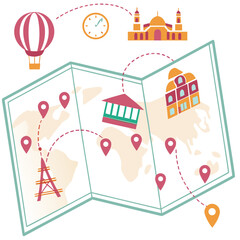 A stylized world map illustration depicts a travel itinerary with a hot air balloon clock and various landmarks connected by dotted lines and location pins