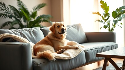 Golden Retriever Relaxing on Modern Sofa