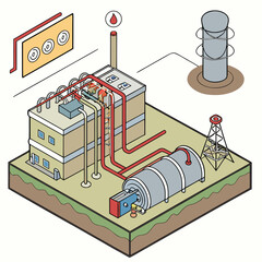 Isometric view of an industrial plant with tanks, pipes, and tower on a ground section