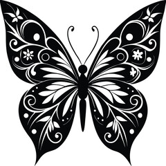 Vector art of a decorative butterfly silhouette with floral accents, isolated on white background