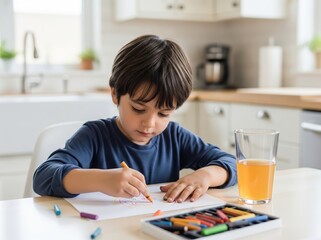 Focused child drawing intently at a sunlit table with crayons and juice nearby