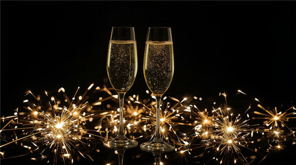 Two tall glasses filled with sparkling drink surrounded by glowing sparklers. Dark background enhances the festive mood.