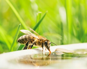 A Honeybee bends its head to drink from a pool of clear water. The bee stands on a white ledge surrounded by green grass, enjoying a refreshing drink in Summer